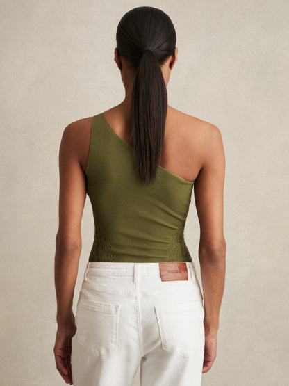 Lace-Knit Detail One-Shoulder Bodysuit in Green | Reiss Women New