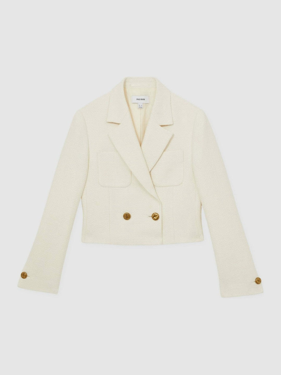 Double-Breasted Textured Cropped Blazer with Wool and Cotton in White | Reiss Women Premium