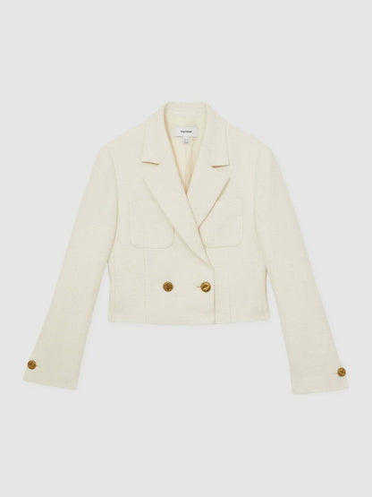 Double-Breasted Textured Cropped Blazer with Wool and Cotton in White | Reiss Women Premium
