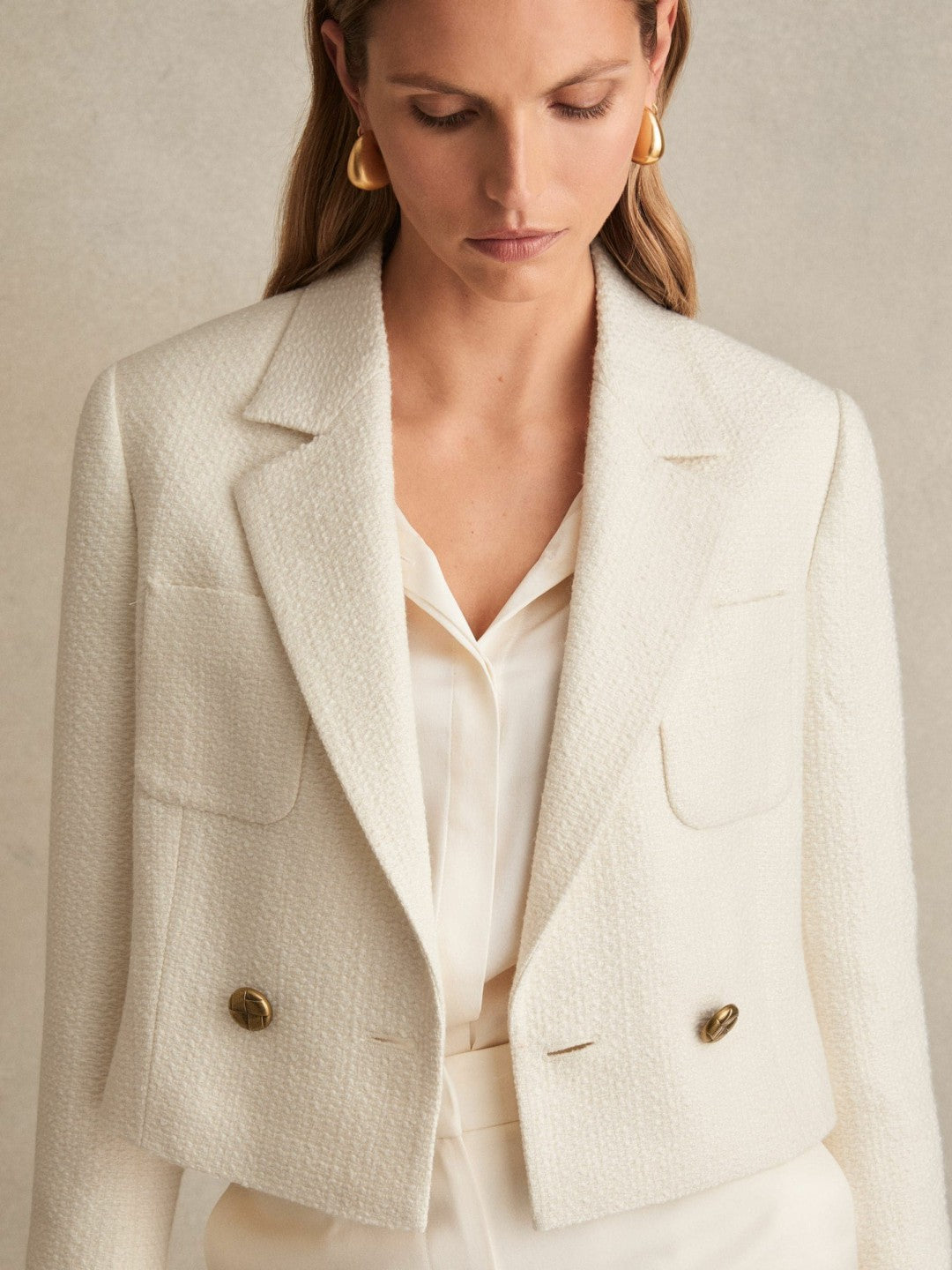 Double-Breasted Textured Cropped Blazer with Wool and Cotton in White | Reiss Women Premium