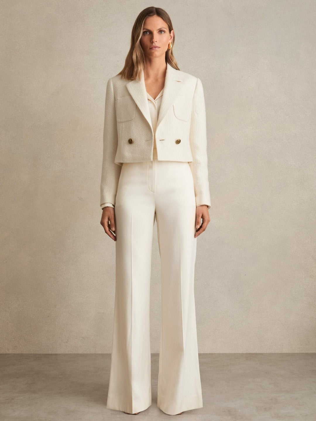 Double-Breasted Textured Cropped Blazer with Wool and Cotton in White | Reiss Women Premium