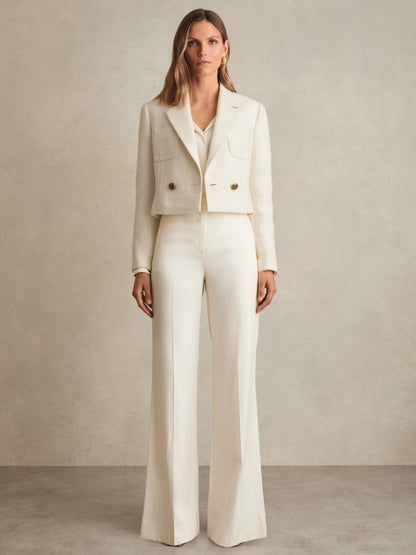 Double-Breasted Textured Cropped Blazer with Wool and Cotton in White | Reiss Women Premium