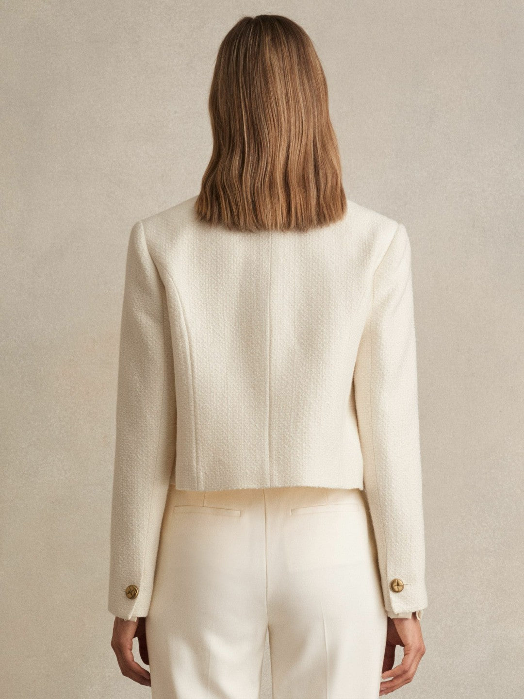Double-Breasted Textured Cropped Blazer with Wool and Cotton in White | Reiss Women Premium