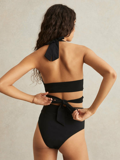Plunge Tie Halterneck Bikini Top in Black | Reiss Women Popular