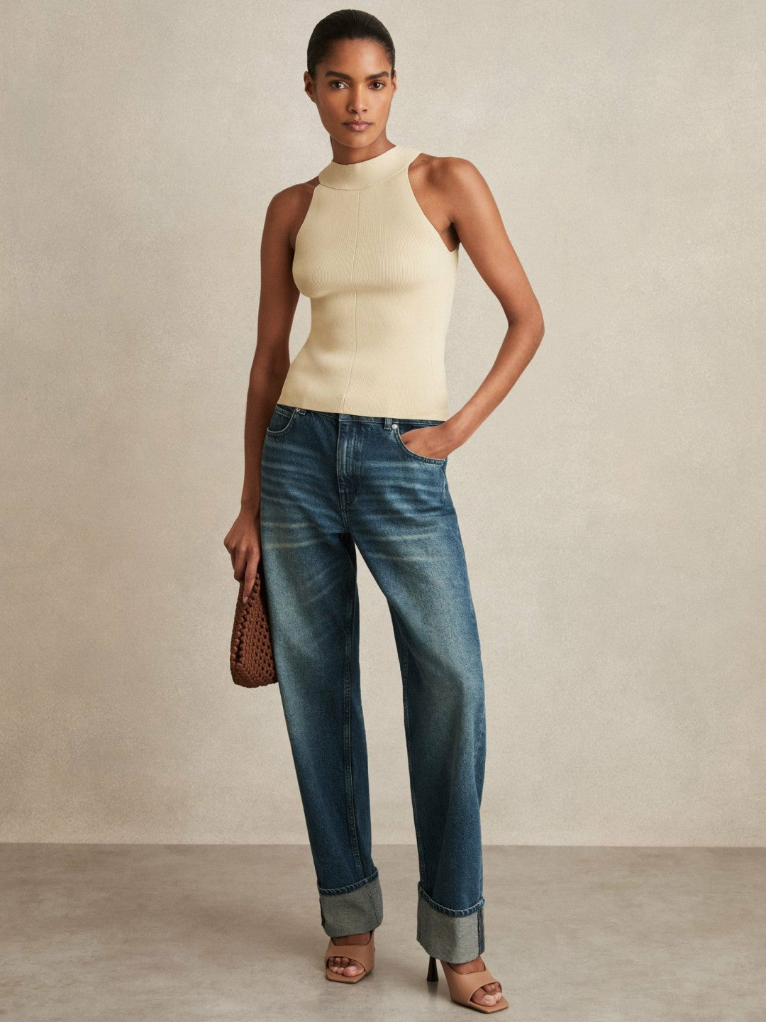 Rib Knit High Neck Vest in Ivory | Reiss Women Recommended