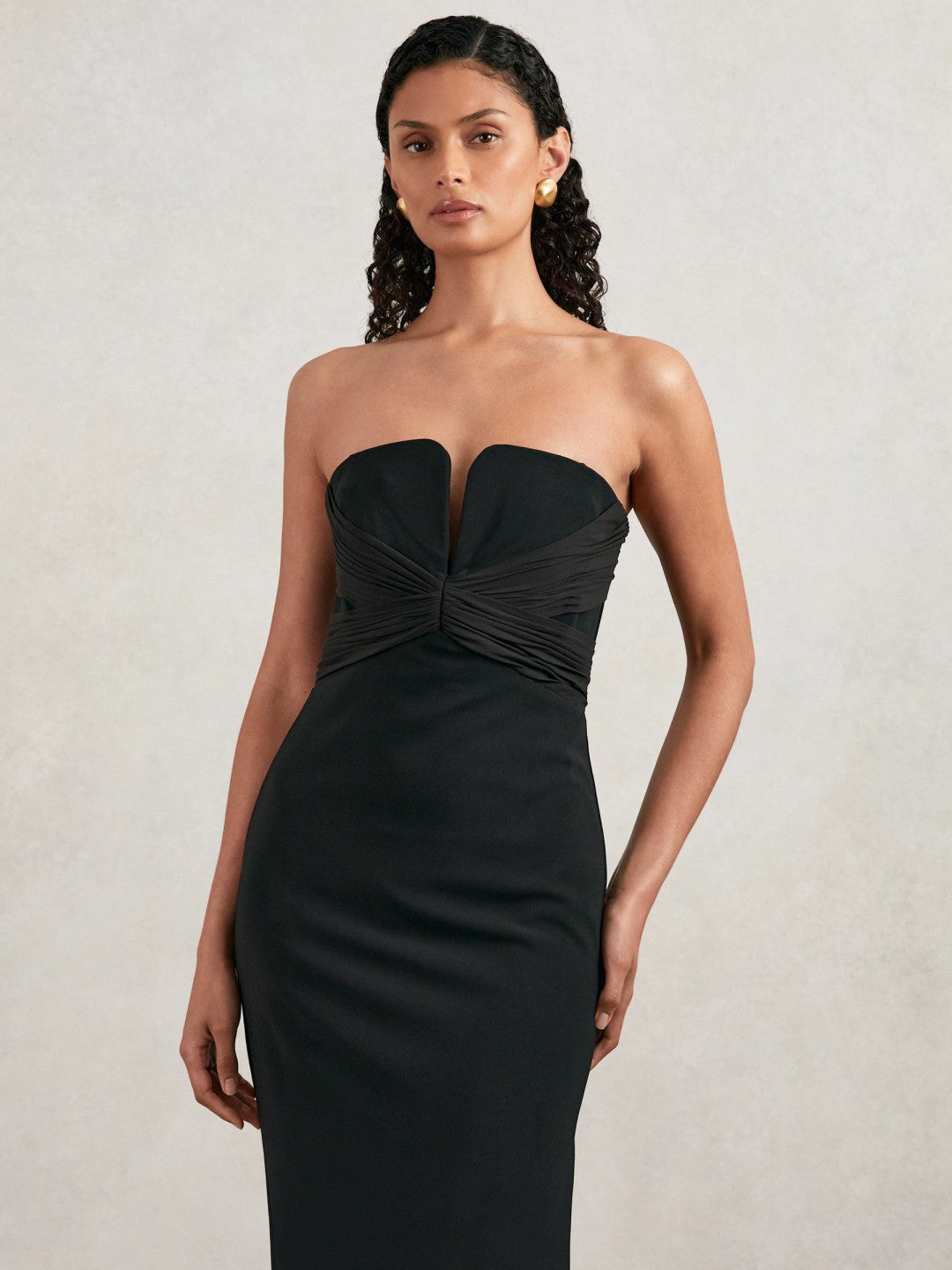 Halston Strapless Crepe Midi Dress in Black | Reiss Women Best Seller