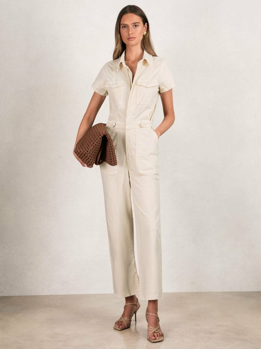 Good American Cotton Twill Jumpsuit with Stretch in Ecru | Reiss Women Premium