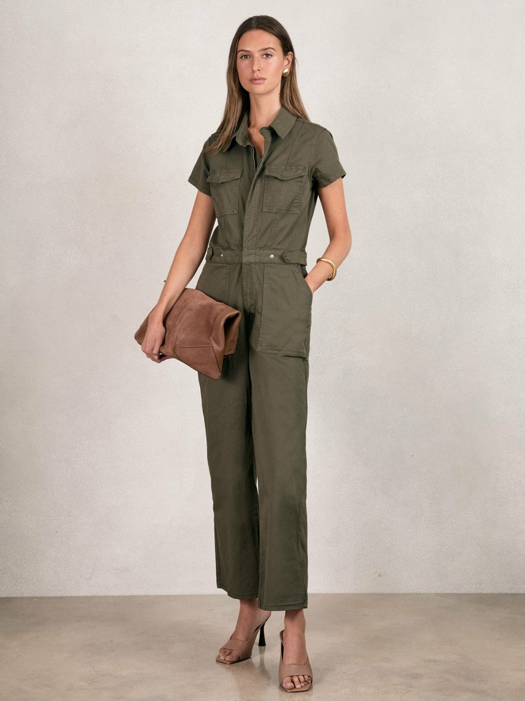 Good American Cotton Twill Jumpsuit with Stretch in Khaki | Reiss Women Popular