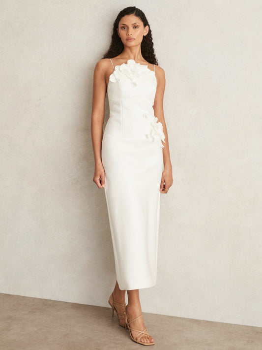 Acler Ivory Petal Detail Fitted Midi Dress in Ivory | Reiss Women Best Seller