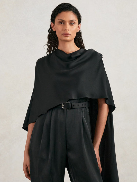 Halston Crepe Wide Leg Cape Jumpsuit in Black | Reiss Women Signature