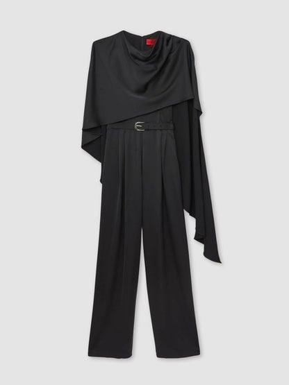 Halston Crepe Wide Leg Cape Jumpsuit in Black | Reiss Women Signature