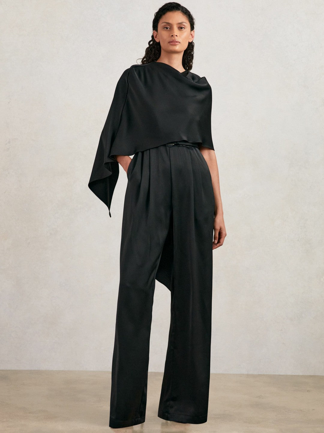 Halston Crepe Wide Leg Cape Jumpsuit in Black | Reiss Women Signature