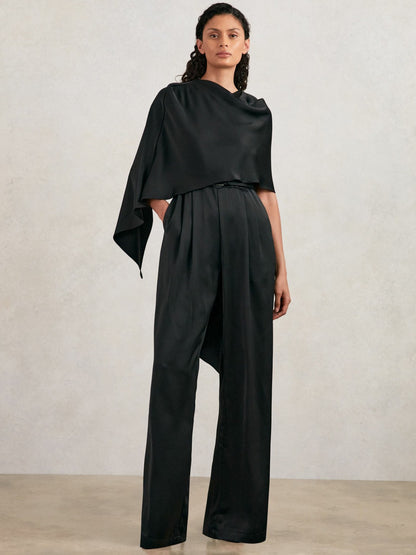 Halston Crepe Wide Leg Cape Jumpsuit in Black | Reiss Women Signature