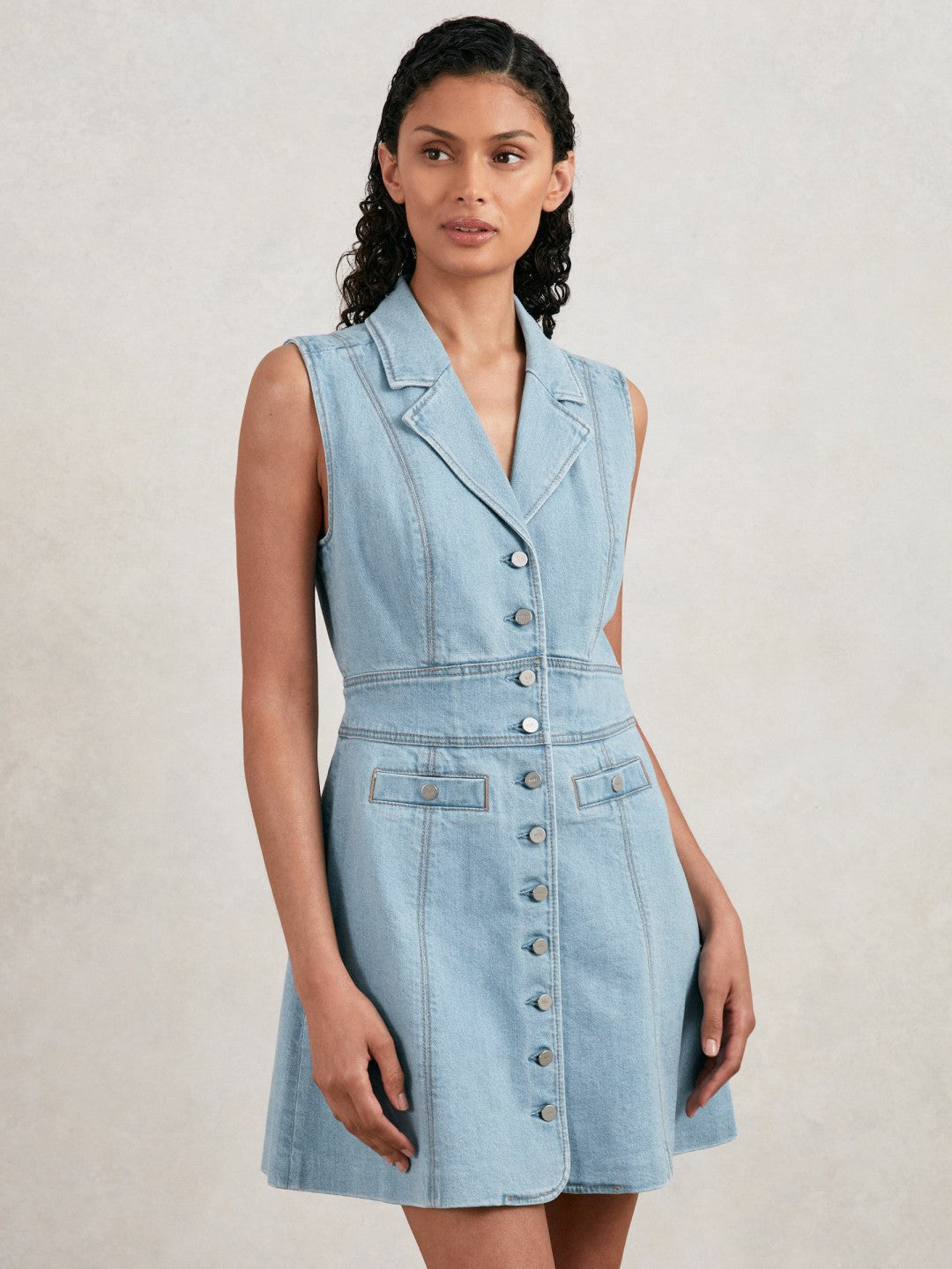 Paige Denim Button-Through Mini Dress in Jocelyn Blue | Reiss Women Featured