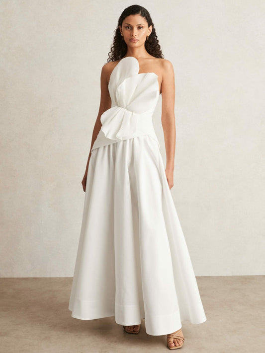 Acler Ivory Plissé Fan Strapless Maxi Dress in Ivory | Reiss Women New
