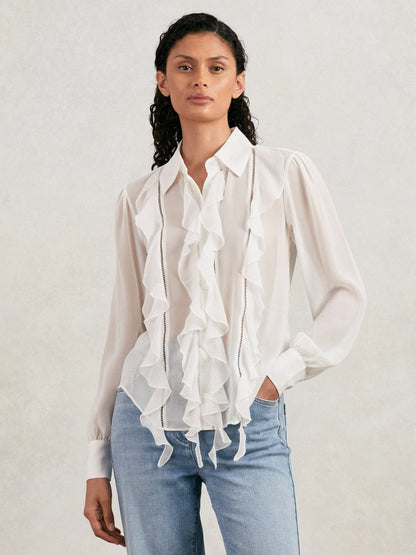 Paige Silk Georgette Ruffle Trim Shirt in White | Reiss Women Premium