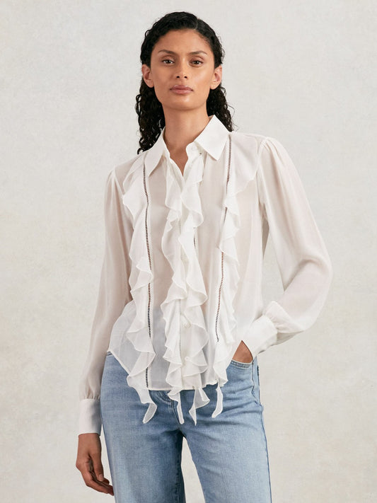 Paige Silk Georgette Ruffle Trim Shirt in White | Reiss Women Premium