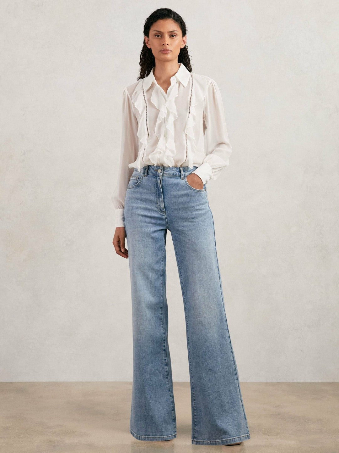 Paige Silk Georgette Ruffle Trim Shirt in White | Reiss Women Premium