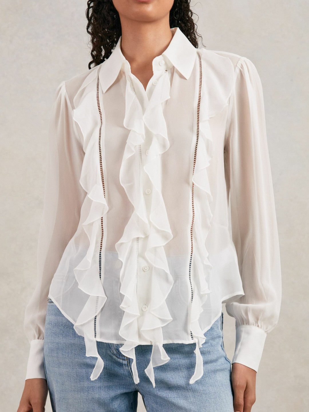 Paige Silk Georgette Ruffle Trim Shirt in White | Reiss Women Premium