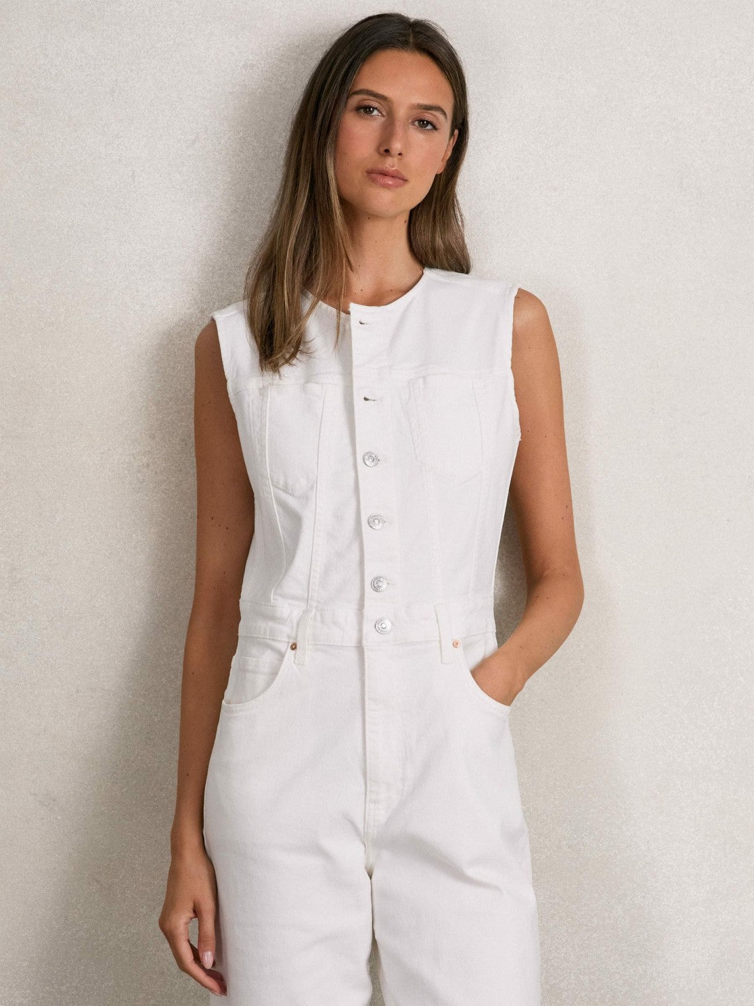 Paige Denim Straight Leg Jumpsuit in Ecru | Reiss Women Trending