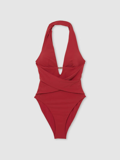 Plunge Halterneck Swimsuit in Dark Red | Reiss Women Featured