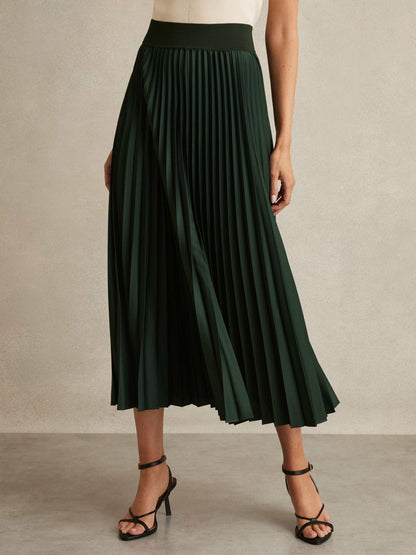 Pleated Midi Skirt in Dark Green | Reiss Women Featured