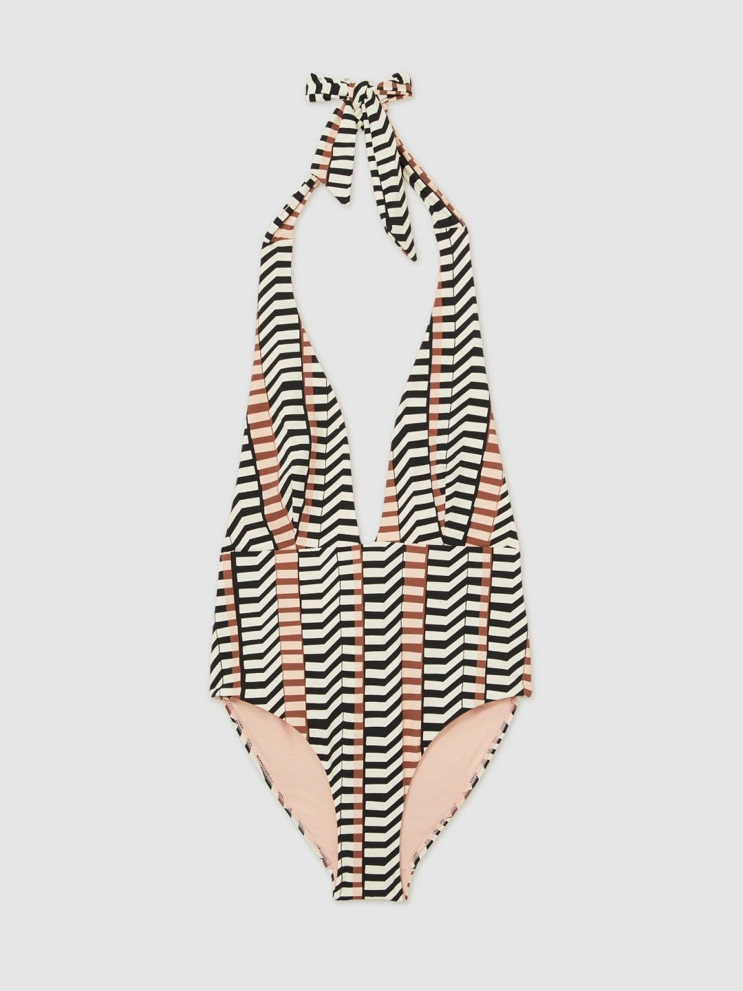 Chevron Stripe Plunge Swimsuit in Black/Brown | Reiss Women Premium