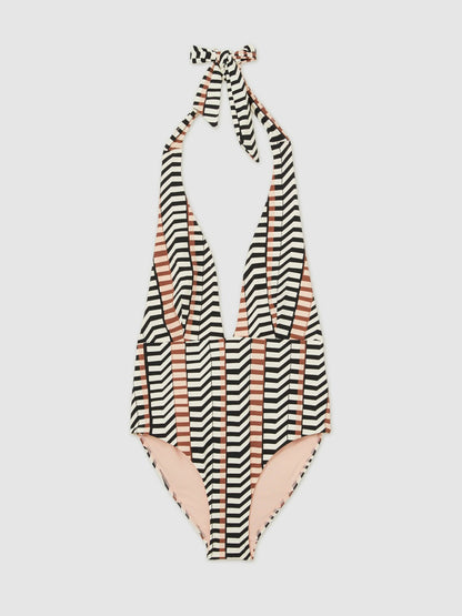 Chevron Stripe Plunge Swimsuit in Black/Brown | Reiss Women Premium