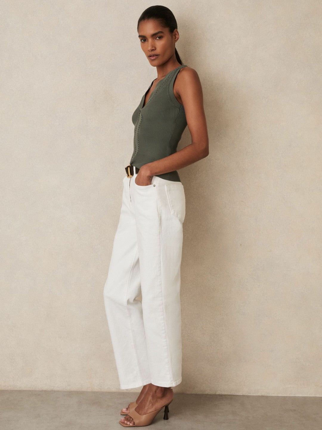 Craft-Stitch Rib-Knit Vest in Khaki Green | Reiss Women Best Seller