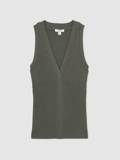 Craft-Stitch Rib-Knit Vest in Khaki Green | Reiss Women Best Seller