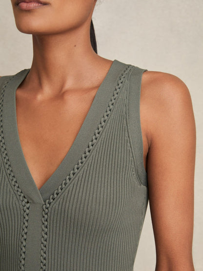 Craft-Stitch Rib-Knit Vest in Khaki Green | Reiss Women Best Seller