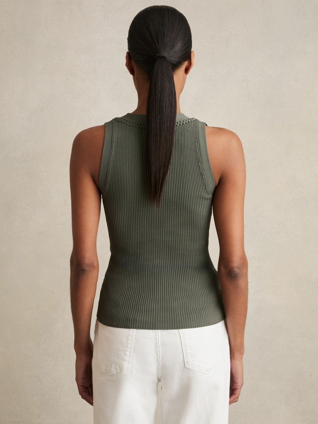 Craft-Stitch Rib-Knit Vest in Khaki Green | Reiss Women Best Seller