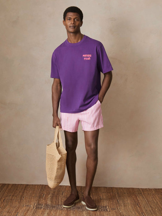 | Ché Cotton Palm-Print T-Shirt in Purple | Reiss Men Exclusive