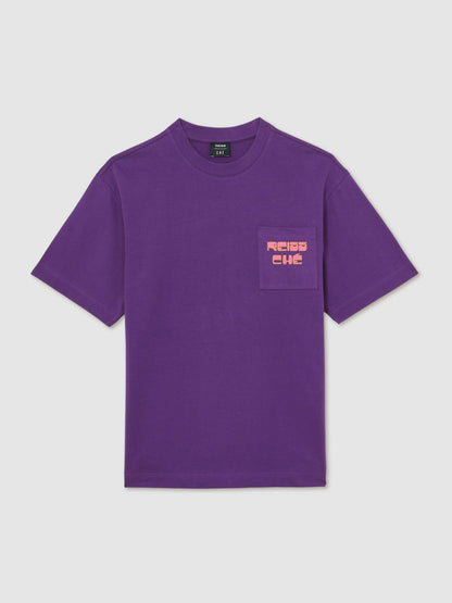 | Ché Cotton Palm-Print T-Shirt in Purple | Reiss Men Exclusive