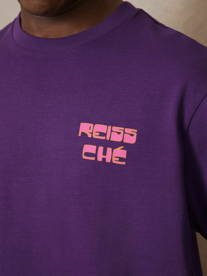 | Ché Cotton Palm-Print T-Shirt in Purple | Reiss Men Exclusive