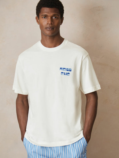 | Ché Cotton Palm-Print T-Shirt in White | Reiss Men Premium