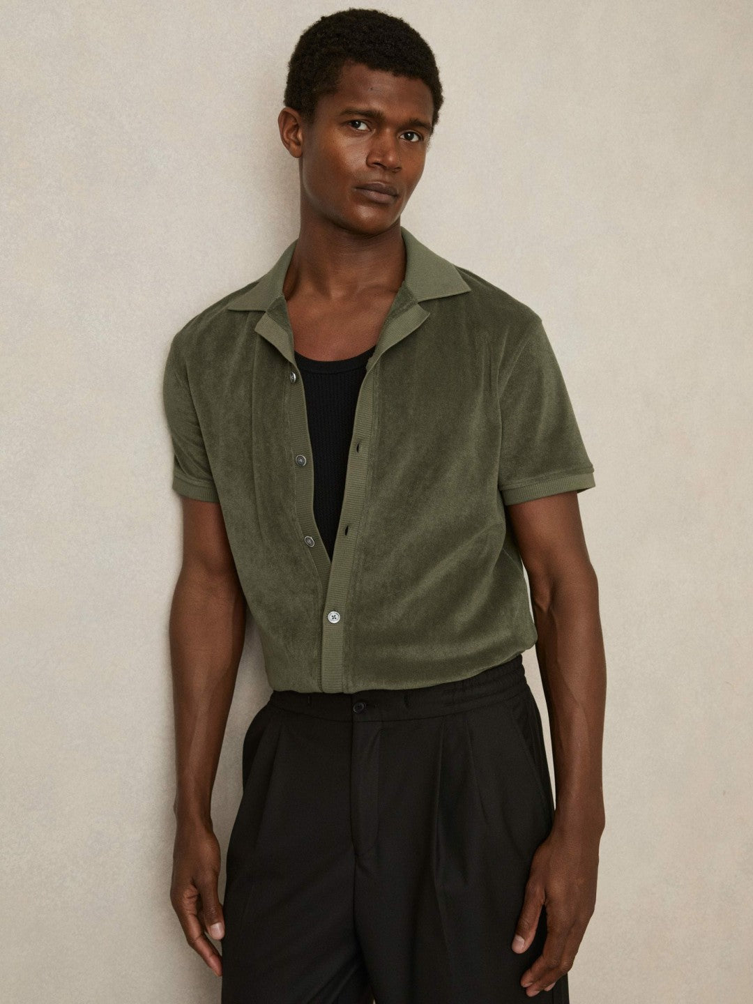 Cotton Blend Towelling Shirt in Green | Reiss Men Recommended