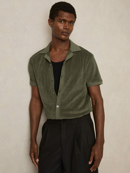 Cotton Blend Towelling Shirt in Green | Reiss Men Recommended