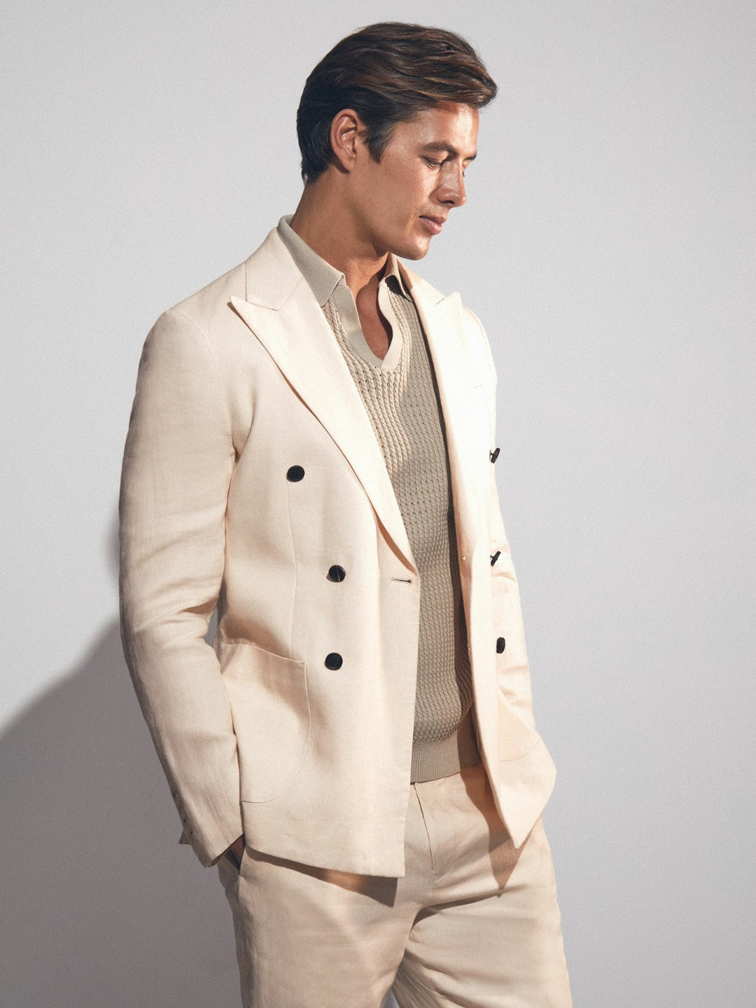 Linen Double-Breasted Suit Slim-Fit Blazer in Stone | Reiss Men Premium