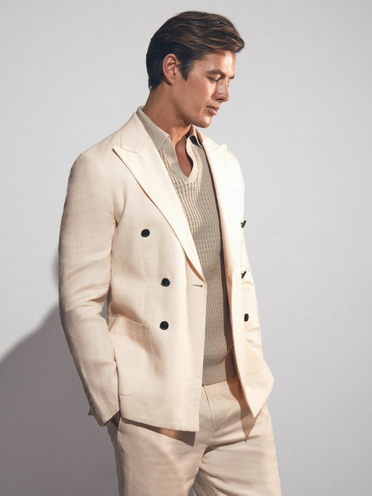 Linen Double-Breasted Suit Slim-Fit Blazer in Stone | Reiss Men Premium