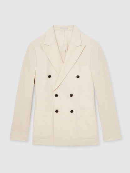 Linen Double-Breasted Suit Slim-Fit Blazer in Stone | Reiss Men Premium