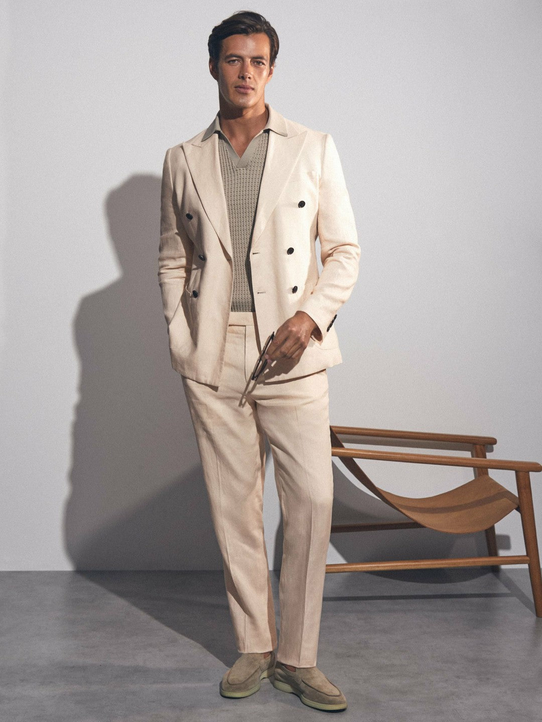 Linen Double-Breasted Suit Slim-Fit Blazer in Stone | Reiss Men Premium
