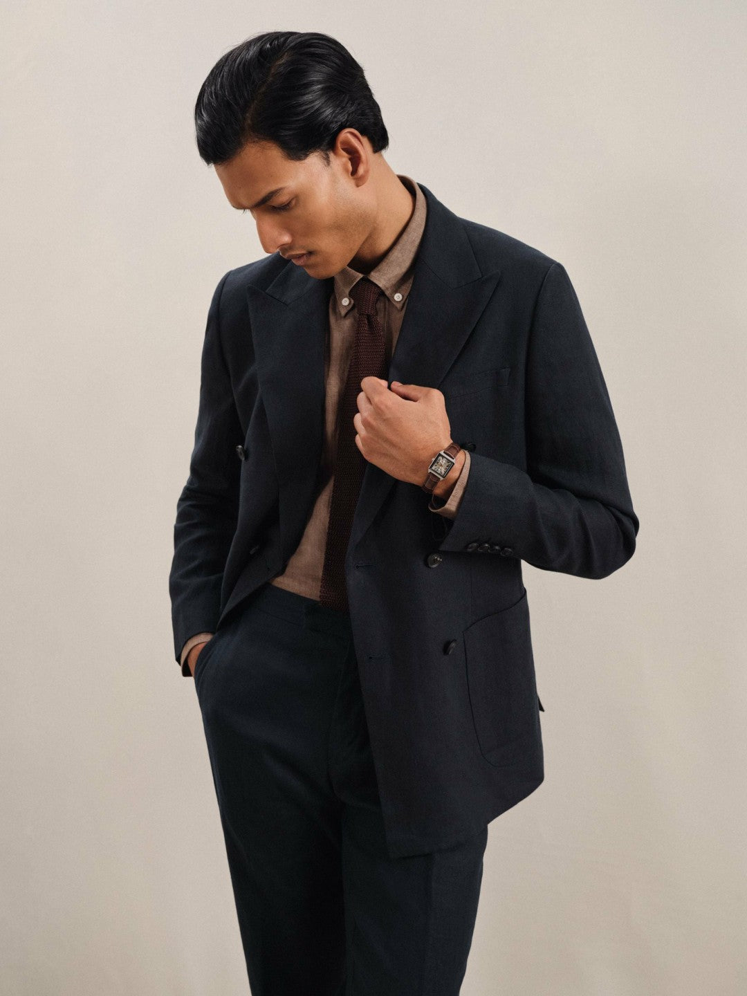 Linen Double-Breasted Suit Slim-Fit Blazer in Navy | Reiss Men New
