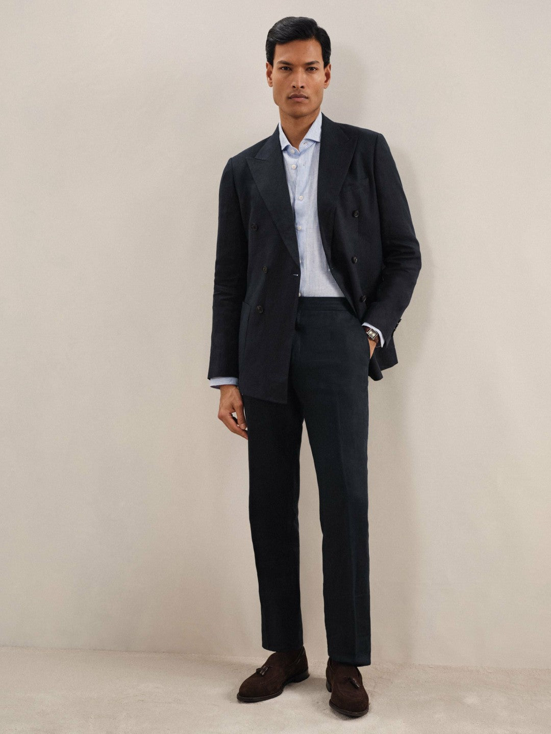 Linen Double-Breasted Suit Slim-Fit Blazer in Navy | Reiss Men New