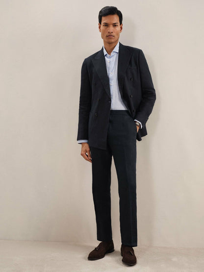 Linen Double-Breasted Suit Slim-Fit Blazer in Navy | Reiss Men New
