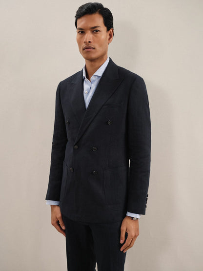 Linen Double-Breasted Suit Slim-Fit Blazer in Navy | Reiss Men New