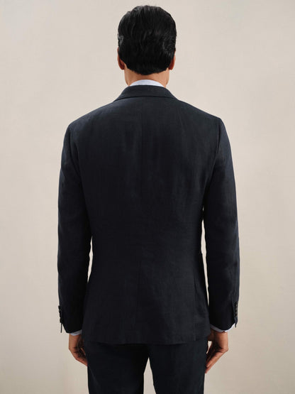 Linen Double-Breasted Suit Slim-Fit Blazer in Navy | Reiss Men New