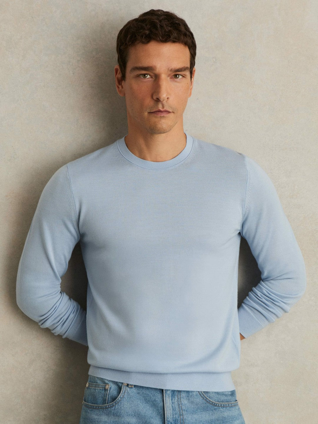 Merino Wool Crew Neck Jumper in Soft Blue | Reiss Men Featured