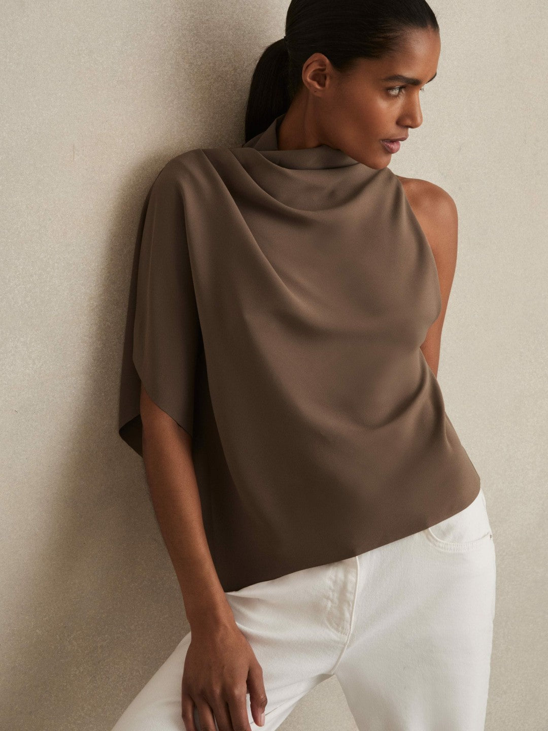 One-Shoulder Draped Top in Mink | Reiss Women Signature