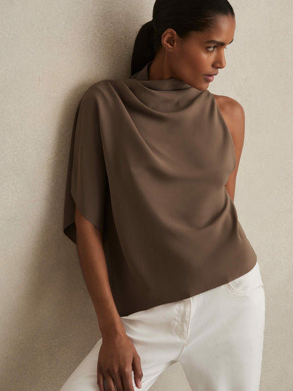 One-Shoulder Draped Top in Mink | Reiss Women Signature